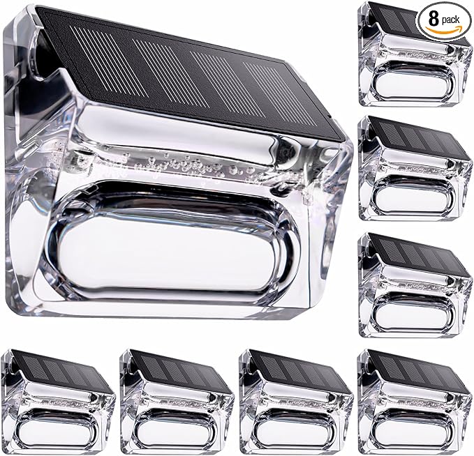 Qualdout Solar Outdoor Lights 8 Pack, Solar Fence Deck Lights, Waterproof Powered Outside Lighting for Step Railing Wall Pool Stair Yard Garden Patio Decorations