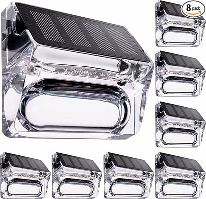 Qualdout Solar Outdoor Lights 8 Pack, Solar Fence Deck Lights, Waterproof Powered Outside Lighting for Step Railing Wall Pool Stair Yard Garden Patio Decorations