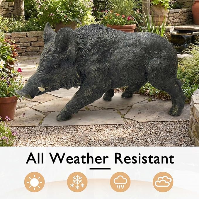 12.20" H x 21.26" L Large Wild Boar Statue for Garden, Outdoor Sculpture, Animal Decor for Yard Porch Entryway Patio Living Room, Resin (Large, Wild Boar)