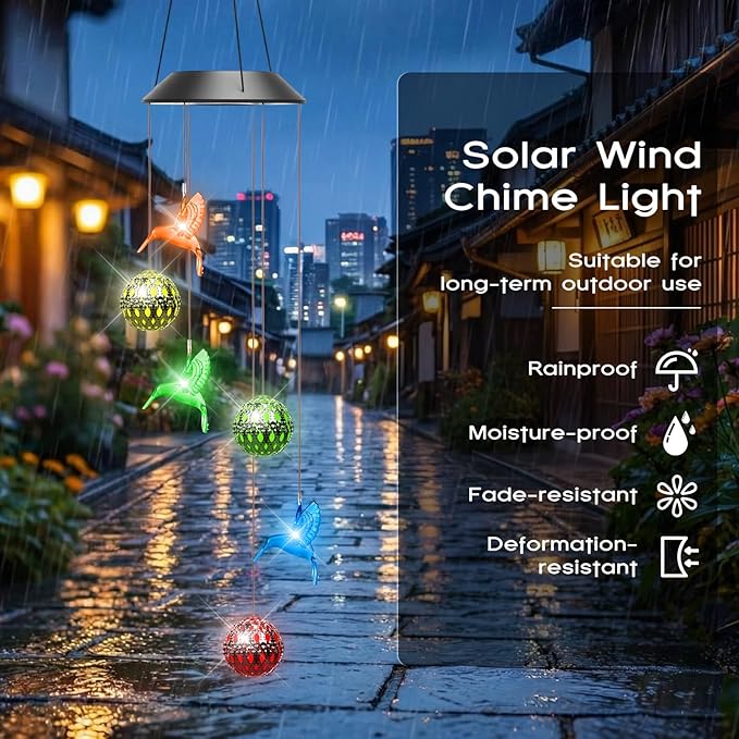 VIHOSE Solar Wind Chimes Lights Outdoor, Color Changing Hanging Solar Wind Chime, Hummingbird Moroccan Ball Mobile LED Lights for Outside Garden Yard Patio Decor, Waterproof