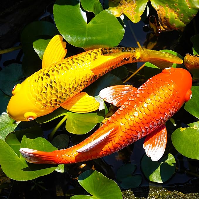 Set of 2 Koi Fish Garden Stakes, Red & Gold Resin Sculptures, Weatherproof Outdoor Patio Pond Decor, Feng Shui Yard Art, Easy Setup Gift(B&Y)