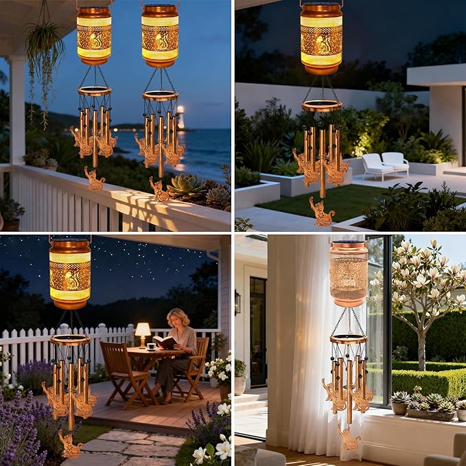 Cat Solar Wind Chimes for Outside, Gifts for Mothers Day Mom Women Grandma Birthday Memorial Teacher, 32" Windchimes Outdoor Decor Hanging Solar Lantern for Garden Porch Patio Backyard