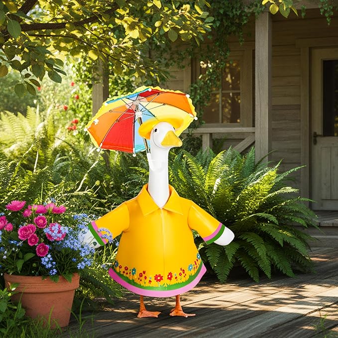 Raincoat Porch Goose Outfits, 23" Goose Statue Raincoat Costume Spring Porch Goose Outfits, Durable Summer Lawn Goose Clothes with Hat Umbrella, Outdoor Yard Patio Garden Holiday Decor