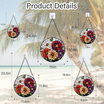 Stained Glass Window Hanging, Colorful Flowers Sun Catcher for Window Door Home Decor Plant Suncatcher Christmas Mother's Day Birthday Gifts for Women Men Mom and Nana 15 in