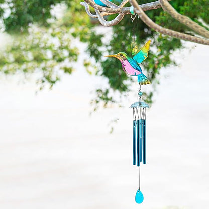 35" Blue Hummingbird Wind Chimes, Indoor Outdoor Glass Painted Mobile Chime for Patio, Balcony, Garden, Yard, or Home Window Decoration, Lifelike Stained Metal Style with Deep Tone Music, Lawn Hanging