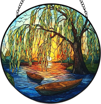 Weeping Sunset Lake Stained Glass Window Hanging, Gifts for Nature Lovers, Weeping Willow Tree Stained Glass Suncatcher Decor Birthday for Mom Men Woman Friend, 7.9x7.9inch