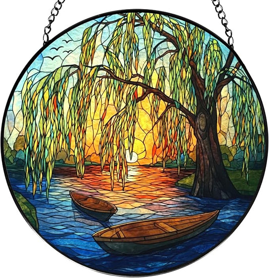 Weeping Sunset Lake Stained Glass Window Hanging, Gifts for Nature Lovers, Weeping Willow Tree Stained Glass Suncatcher Decor Birthday for Mom Men Woman Friend, 7.9x7.9inch