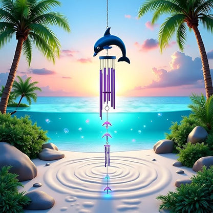 1Pc Purple Dolphin Wind Chime, Crystal Dolphin Hanging Decoration 4 Metal Tubes Wind Chime, Creative Bell Blessing Gift