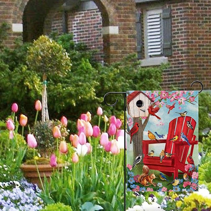 Spring Red Chair Birds Decorative Garden Flag, Cardinal Blue Jay Chickadee Squirrel Birdhouse Flowers Yard Outside Decorations, Summer Farmhouse Outdoor Small Home Decor Double Sided 12 x 18