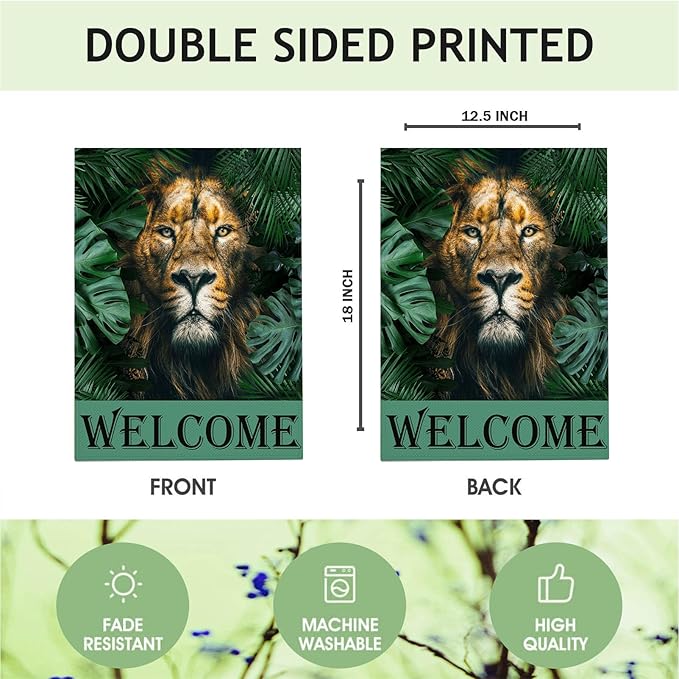 Mugod Lion Garden Flag 12.5x18" Double Sided for Outside, Jungle Animal Tropical Leaves Burlap Small Seasonal Yard Flag for Outdoor Decor