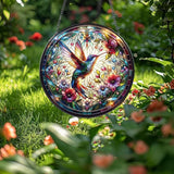 Hummingbird Stained Glass Window Hanging, 8" Round Hummingbird Suncatcher, Floral Decorative Glass Art for Home Garden, Memory Gift for Mom and Grandma