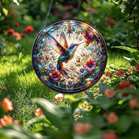 Hummingbird Stained Glass Window Hanging, 8" Round Hummingbird Suncatcher, Floral Decorative Glass Art for Home Garden, Memory Gift for Mom and Grandma