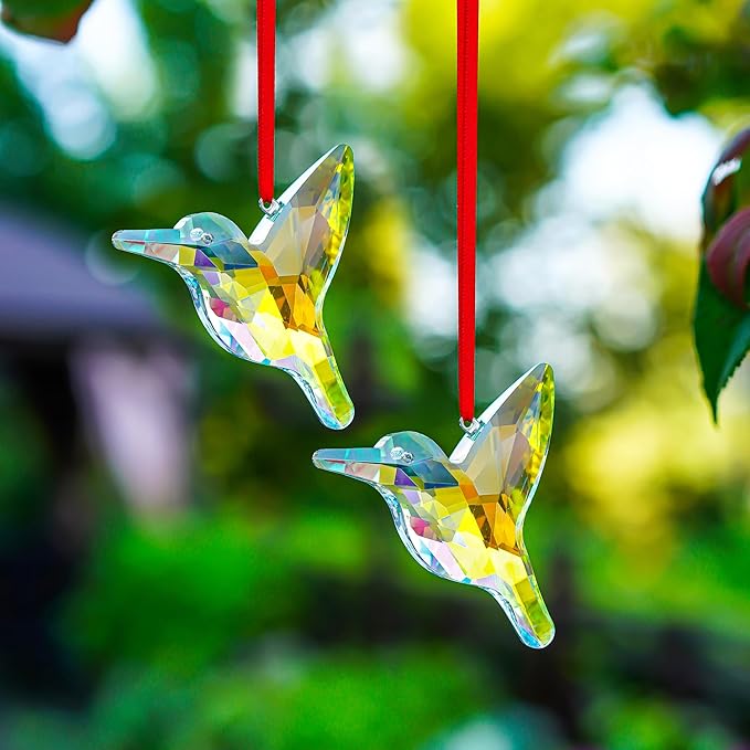 H&D HYALINE & DORA Set of 2,3" Crystal Sun Catcher Prisms, AB Colored Hummingbird Hanging Suncatchers, Glass Hummingbird Prisms for Windows, Garden Decor