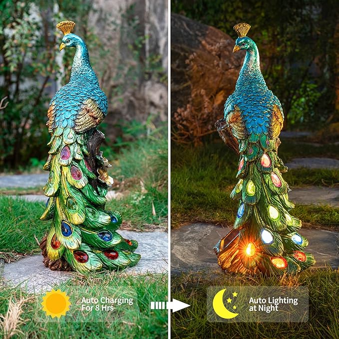 Solar Peacock Statues Garden Outdoor Decor Porch Patio Lawn Yard Art Decorations Peacock Sculpture with LED Lights Birthday Housewarming Christmas Gardening Gifts for Mom Women