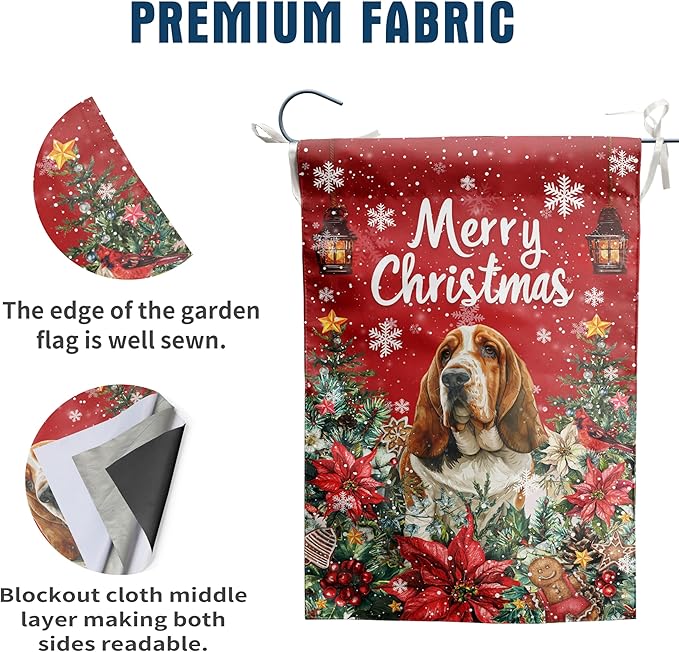 Christmas Basset Hound Garden Flag Merry Christmas Dog Yard Flag for Outside Xmas Flags 12x18 Double Sided Red Poinsettia Garden Flags Winter Porch Decorations Outdoor