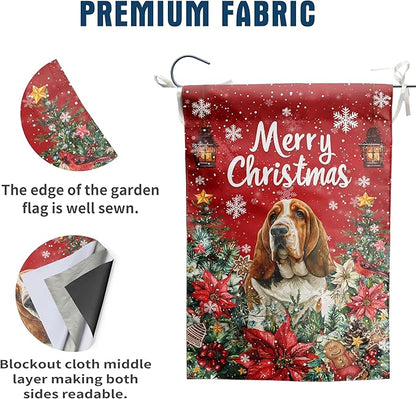 Christmas Basset Hound Garden Flag Merry Christmas Dog Yard Flag for Outside Xmas Flags 12x18 Double Sided Red Poinsettia Garden Flags Winter Porch Decorations Outdoor