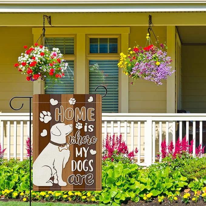 Dyrenson Home is Where My Dogs are Decorative Garden Flag, Pet Paw Print Yard Outside Home Decorations Dog Lover Gifts, Farmhouse Rustic Burlap Outdoor Small Decor Double Sided 12 x 18