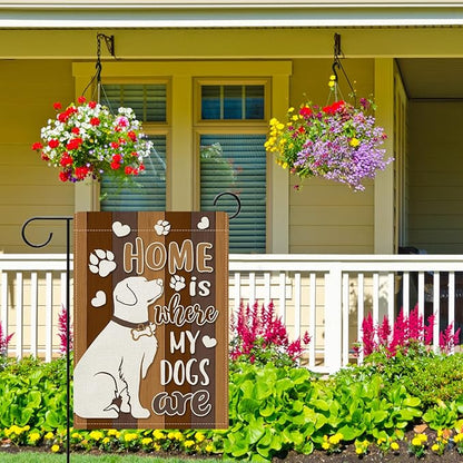 Dyrenson Home is Where My Dogs are Decorative Garden Flag, Pet Paw Print Yard Outside Home Decorations Dog Lover Gifts, Farmhouse Rustic Burlap Outdoor Small Decor Double Sided 12 x 18