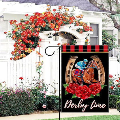 Artofy Derby Time Horse Racing Small Decorative Garden Flag, Kentucky Jockey Rose Flower Black Red Yard Lawn Outside Decor, Horseshoe Burlap Outdoor Home Decoration Double Sided 12 x 18