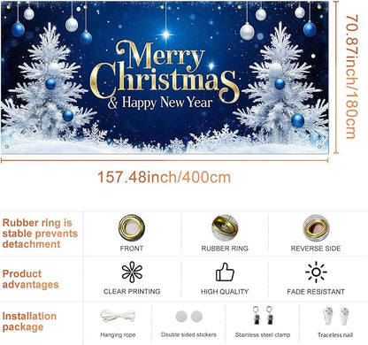 IVN Christmas Garage Door Cover Decoration 13x6ft Blue Night Sky White Trees Gold Lettering Ornaments Merry Christmas Winter Garage Door Banner Home Door Front Yard Decor for Xmas Eve Holiday Outdoor