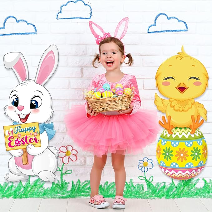 Capoda 2 Pack Easter Decorations Outdoor Yard Signs Bunnies 32.2 x 12.9 Inch Easter Eggs Yard Stake with H Stands for Holiday Party Spring Patio Lawn Garden Decor(Chick, Rabbit Style)