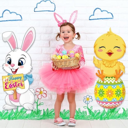 Capoda 2 Pack Easter Decorations Outdoor Yard Signs Bunnies 32.2 x 12.9 Inch Easter Eggs Yard Stake with H Stands for Holiday Party Spring Patio Lawn Garden Decor(Chick, Rabbit Style)