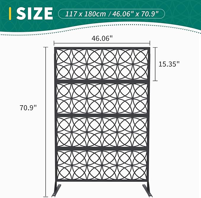 Garveelife Metal Privacy Screen 72" H×47" W for Outdoor Freestanding Decorative Privacy Wall Panels with Stand, Patio Balcony Screens for Outside Divider Deck Porch Garden, 1PC