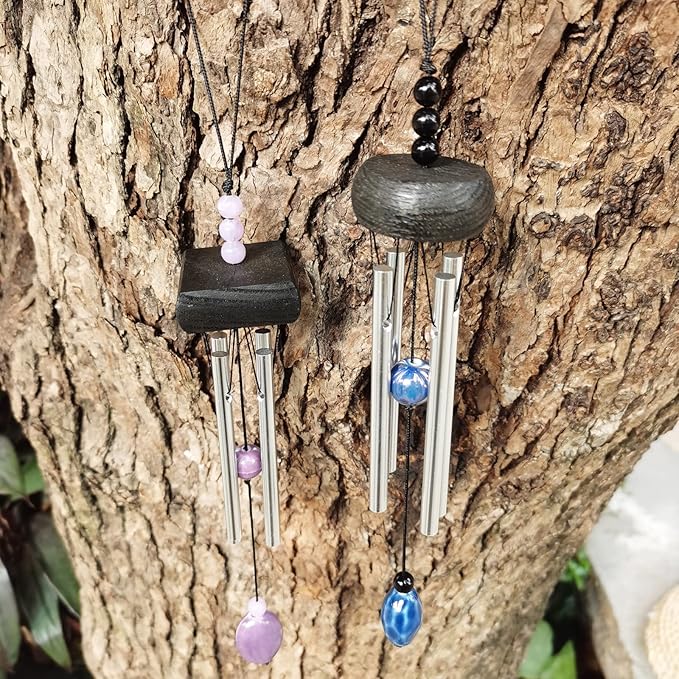 i-lan　4 Pack Small Silver Wind Chime with Ceramic Blank Drops, Metal Garden Wind Chimes with Different Len Bell Tubes, Soothing Harmony Sound Mini Outdoor Windcatcher Porches Décor