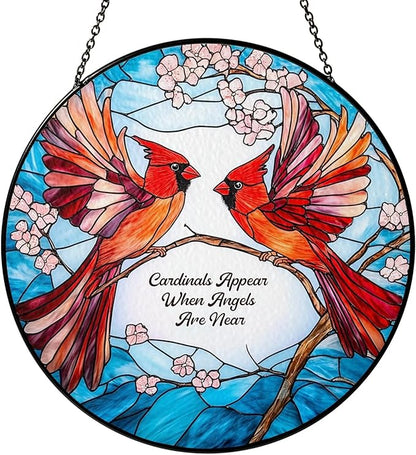 Cardinal Suncatcher Stained Glass Window Hanging Decor Cardinal Remembrance Gifts Cardinals Memorial Gifts for Loss of Loved One, Women Grandma Mom, Mothers Day Birthday for Bird Lovers