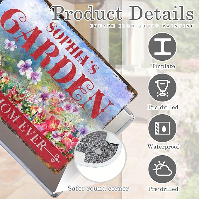 Custom Garden Signs Personalized Metal Tin Sign for Women, Retro Hummingbird Metal Sign for Outdoor, Patio, Yard Home Decor Gift for Mothers Day, Grandmas, and Gardening Lovers (For MOM 01)
