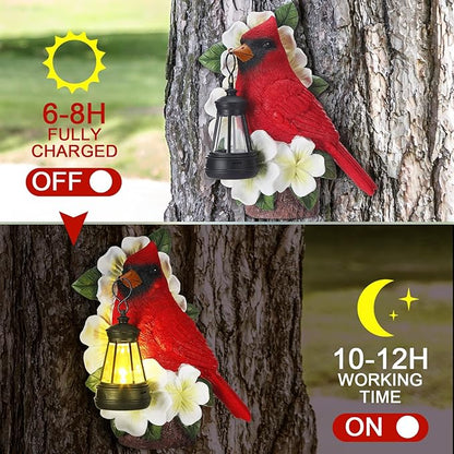 WILLBOND Cardinal Garden Decor with Solar Lantern 8.3 in Tree Cardinal Solar Light for Outside Resin Red Bird Outdoor Garden Statue for Wall Tree Yard Lawn Women Mom Grandmom Mother's Day Gifts