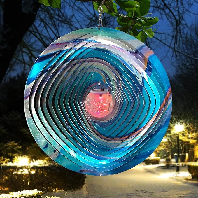 FONMY Mandala Wind Spinner w/Solar Ball 3D Stainless Steel Hanging Wind Spinners Worth Gift Christmas Decoration Indoor/Outdoor Garden Décor Kinetic Yard Art 12 Inches Multi Blue Wind Sculpture