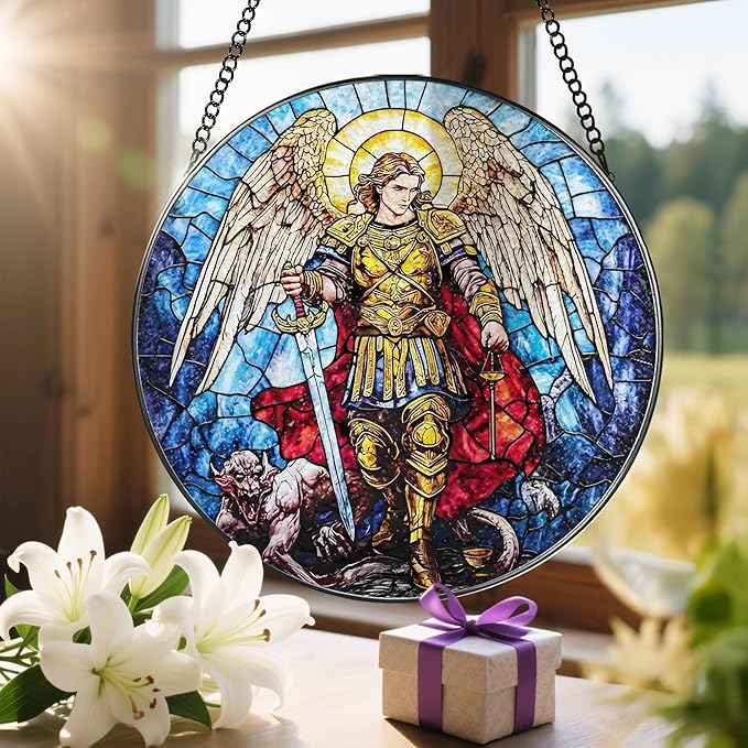 Stained Glass Suncatcher, Archangel Michael Sun Catcher Ornament; Stained Glass Window Hanging, Spiritual Protection Decor, Christmas Ornament; Christian Gifts, Religious Gifts
