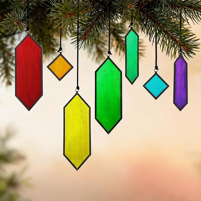 HDCRYSTALGIFTS Set 7 Sun Catchers Stained Glass Decor Gift,Stained Glass Window Hanging Suncatchers with Hooks Rainbow Maker Home Garden Glass Ornaments for Christmas Tree