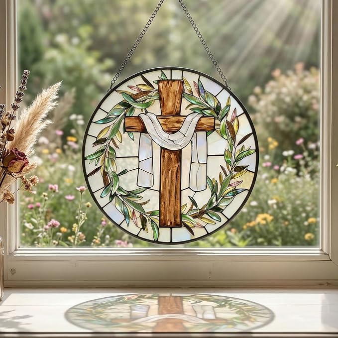 7.9 Inch Cross and Olive Leaves Stained Glass Suncatcher, Cross Sunset Suncatchers for Windows Hanging Indoor Decor, Stained Glass Gift, Christian Gifts, Religious Gifts, Window Decor