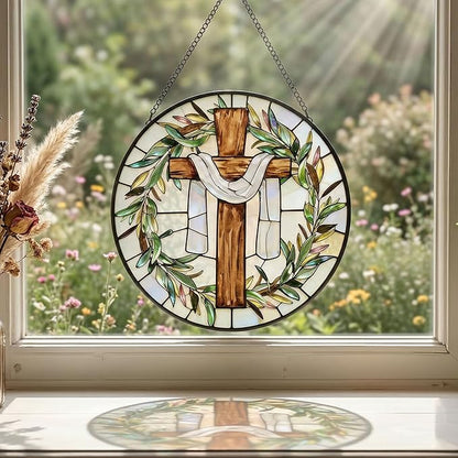 7.9 Inch Cross and Olive Leaves Stained Glass Suncatcher, Cross Sunset Suncatchers for Windows Hanging Indoor Decor, Stained Glass Gift, Christian Gifts, Religious Gifts, Window Decor