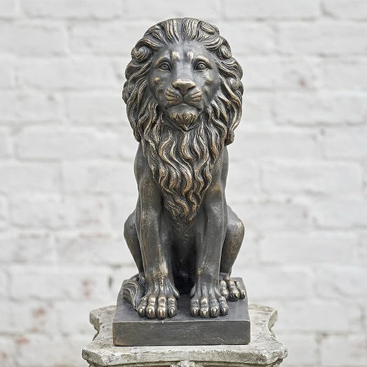 Sculptures Garden Statues, Outdoor Lion Statue 27in Tall, Magnesium Oxide Stone Composite Animal Sculpture Statue Decor for Home Decor Yard Patio Garden, Dark Gray with Gold Accents