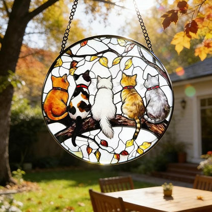 Cat Suncatcher Stained Glass Window Hanging - Cat Lover Gifts for Women Mom Friend Teacher, Birthday Mother's Day Christmas Housewarming Home Decor for Kitchen Living Room Indoor & Garden 7.8 in