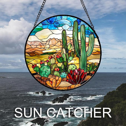 Stained Glass Window Hanging Desert Green Cactus Red Flowers Large 15" - Suncatcher Door Garden Sun Catcher Landscape Home Decor Birthday Christmas for Mom Men Woman Nana