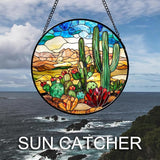 Stained Glass Window Hanging Desert Green Cactus Red Flowers 7.8" - Suncatcher Door Garden Sun Catcher Landscape Home Decor Birthday Christmas for Mom Men Woman Nana