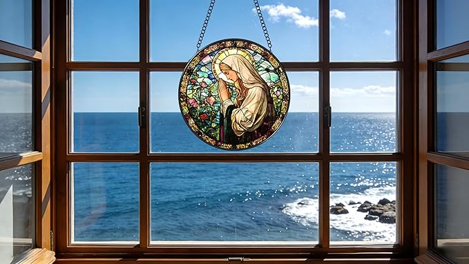 Funoasis Stained Glass Window Hanging 6.3 Inches Suncatcher - The Virgin Mary Prays in The Garden Ornaments Sun Catcher Home Decor Women Birthday