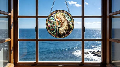Funoasis Stained Glass Window Hanging 6.3 Inches Suncatcher - The Virgin Mary Prays in The Garden Ornaments Sun Catcher Home Decor Women Birthday