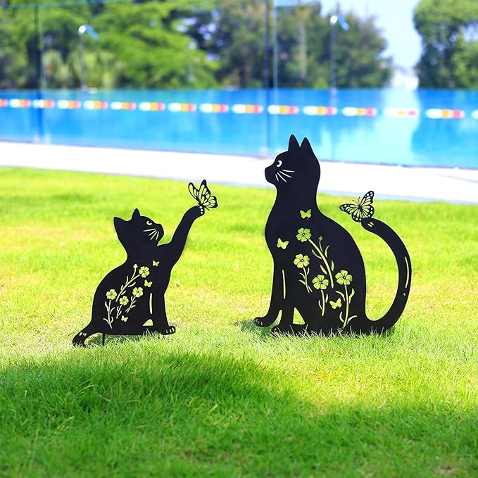 WACLSTDAY Cat Metal Decorative Garden Stakes,Gifts for Women/Men/Cat Lovers,Black Silhouette Statues Spring Garden Decor for Outdoor, Yard Art, Outside,Patio,Forests,Lawn Ornaments