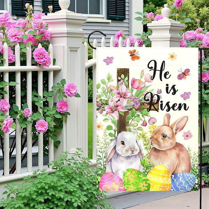 He Is Risen Easter Garden Flag for Outdoor Spring Christian Cross Floral Bunny Egg Yard Banner Religious Resurrection Sunday Decor Double Sided Farmhouse House Welcome Flags 12x18 Inch
