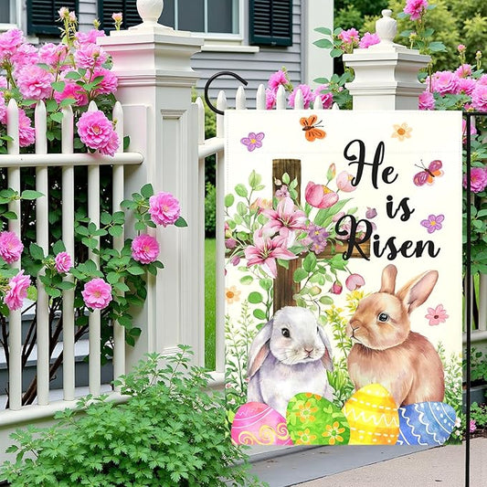 He Is Risen Easter Garden Flag for Outdoor Spring Christian Cross Floral Bunny Egg Yard Banner Religious Resurrection Sunday Decor Double Sided Farmhouse House Welcome Flags 12x18 Inch