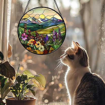 Stained Glass Window Hanging Purple Wildflowers Pastoral Scenery Large 11.8" - Suncatcher Door Garden Sun Catcher Home Decor Birthday Christmas for Mom Men Woman Friend