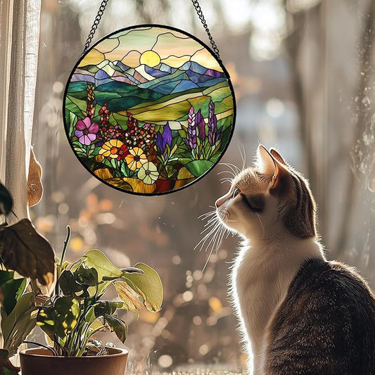 Stained Glass Window Hanging Purple Wildflowers Pastoral Scenery 7.8" - Suncatcher Door Garden Sun Catcher Home Decor Birthday Christmas for Mom Men Woman Friend