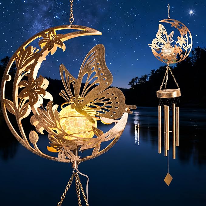 Moon Butterfly Wind Chime Outdoor, Handcrafted Metal Garden Wind Chimes with Butterfly Charms, Melodic Wind Bells for Patio Porch Decor, Weatherproof Gift for Nature Lovers & Garden Enthusiasts