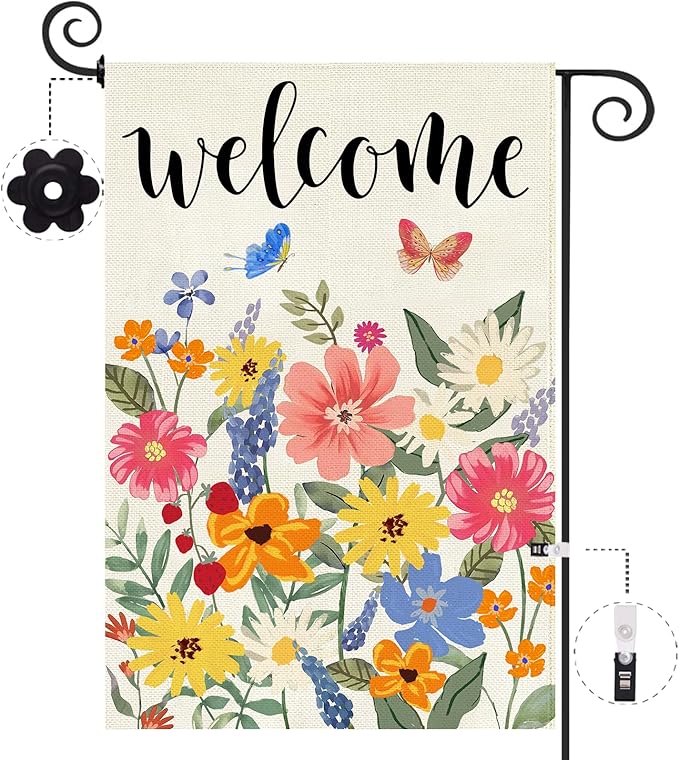 Baccessor Spring Summer Welcome Garden Flag Double Sided 12.5 x 18 Inch Burlap with Clip and Stopper,Floral Butterflies Flag Seasonal Farmhouse Front Yard Lawn Outside Outdoor Decoration