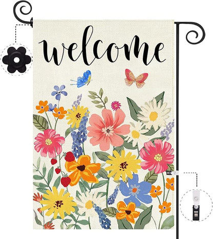 Baccessor Spring Summer Welcome Garden Flag Double Sided 12.5 x 18 Inch Burlap with Clip and Stopper,Floral Butterflies Flag Seasonal Farmhouse Front Yard Lawn Outside Outdoor Decoration